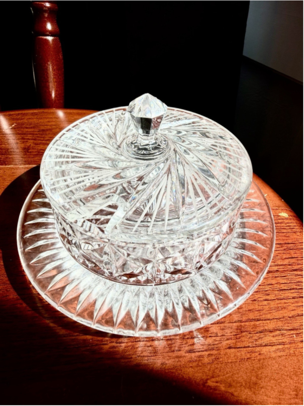 Vintage Butter Dish Crystal Pinwheel Lead Covered Round Cut Etched Heavy